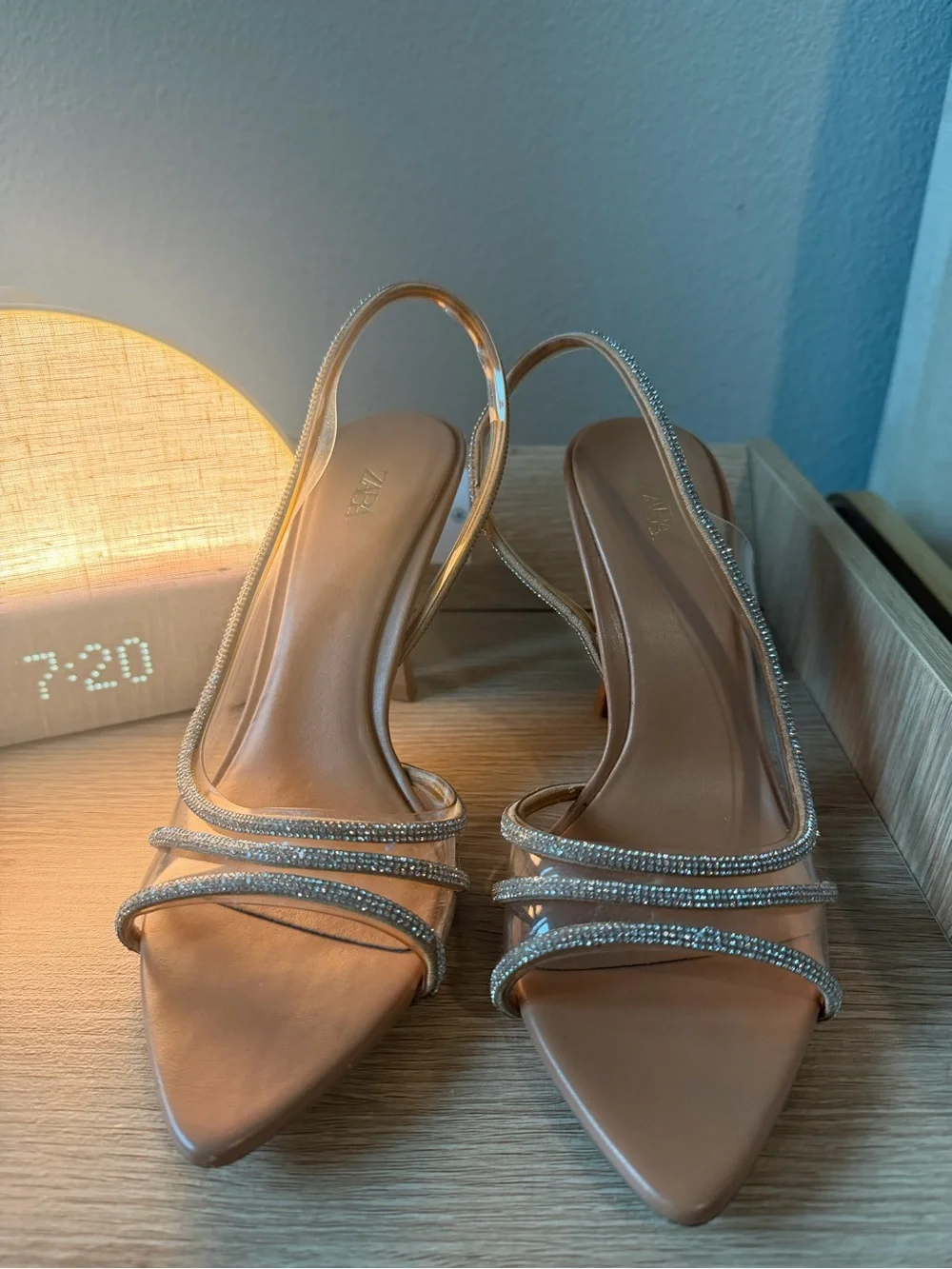 Zara Tan Rhinestone Strap Slingback Heels